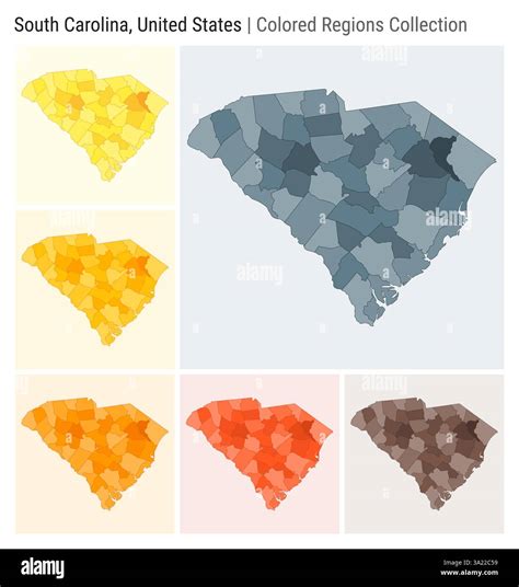 South Carolina, United States. Map collection. State shape. Colored counties. Blue Grey, Yellow ...