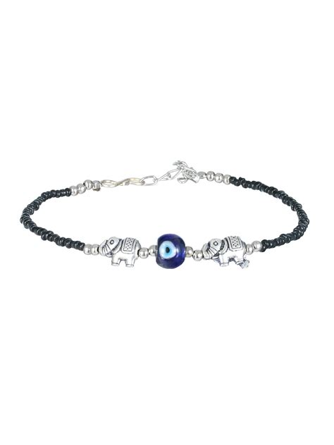 Priyaasi Black Bead Evil Eye Elephant Oxidised Silver Anklet