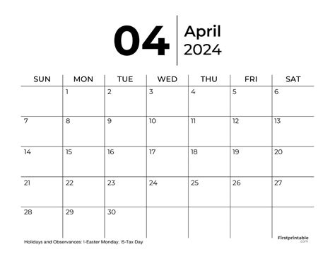 Free Printable & Fillable April Calendars 2024 with holidays | Blank ...
