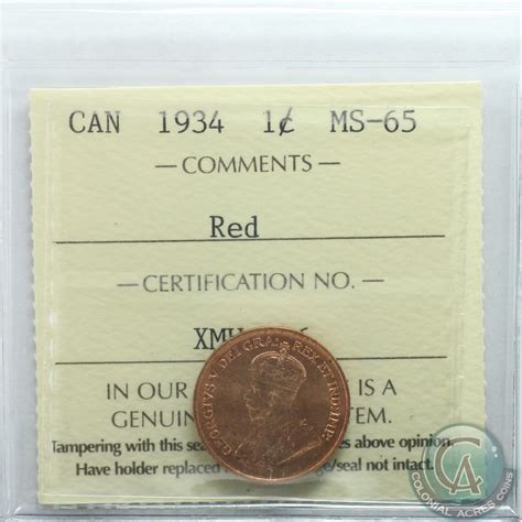 1-cent 1934 ICCS Certified MS-65 RED. A Full red coin with choice eye ...