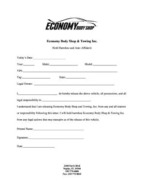 FL Economy Body Shop & Towing Hold Harmless And Auto Affidavit 2014 ...