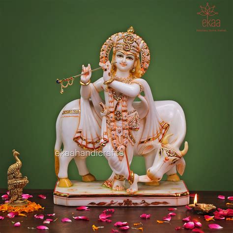 Krishna Playing Flute with Cow Statue in Marble 15in – Ekaa Handicrafts