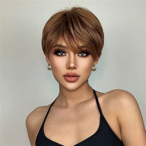 HAIRCUBE Short Straight Wigs Ombre Brown Synthetic Hair Wigs with Bangs ...