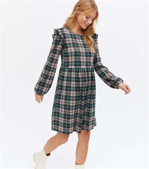 Green Check Frill Mini Oversized Smock Dress | New Look