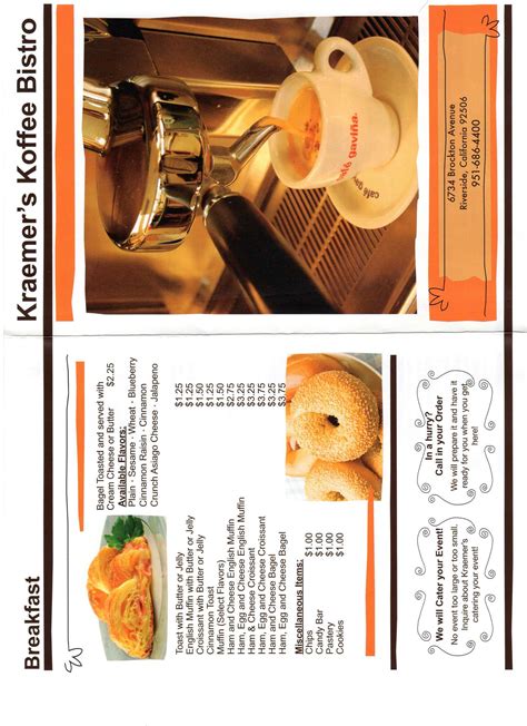 Menu at Kraemer's Koffee Bistro cafe, Riverside