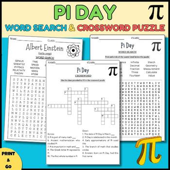 Pi Day Activities Word Search & Crossword Puzzle Worksheets 2nd-5th Grade