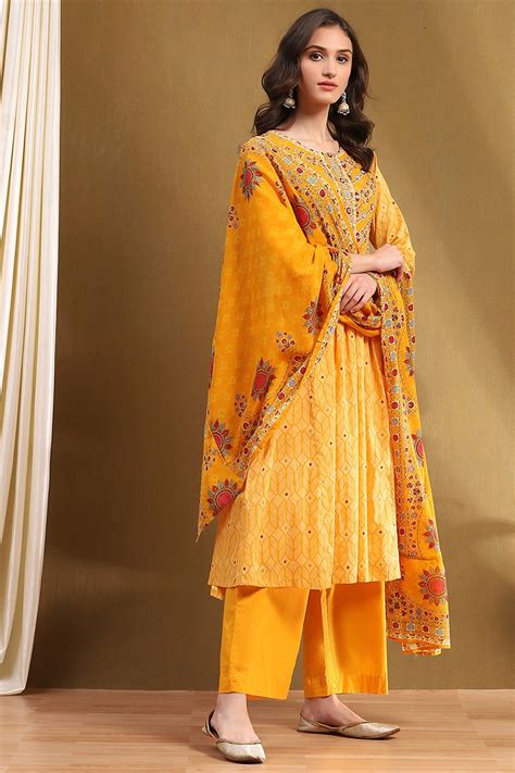 Mustard Yellow Cotton Printed Flared Festive Suit Set at Biba India