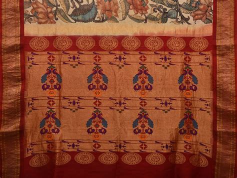 Cream Kalamkari Hand Painted Paithani Silk Handloom Saree with Lotus F ...