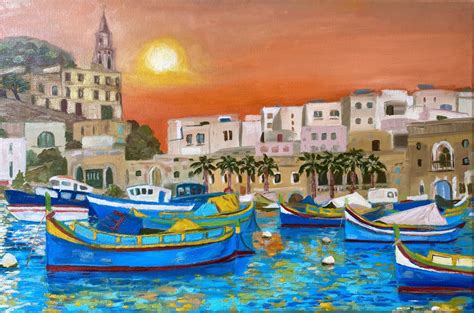 Maltese Boats Seascape Painting by Inna Kalina