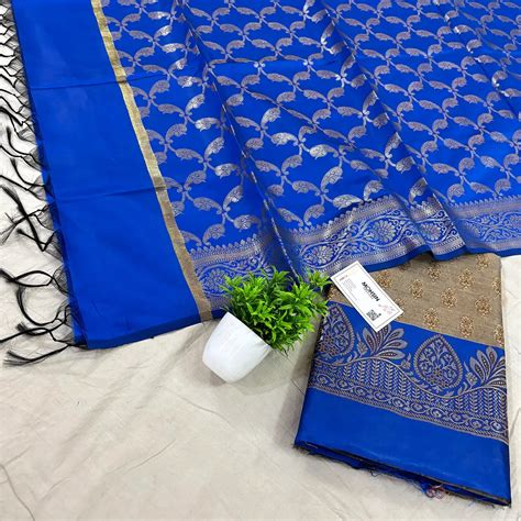 Beige and Royal Blue Badami Buti Banarasi Silk Suit – Mohsin Textiles