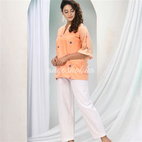 Deep Peach Cotton Bengal Handwoven Kurta Set – angoshobha