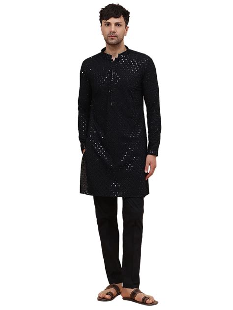 Buy See Designs Black Regular Fit Embroidered Kurta Set Mandarin Collar ...