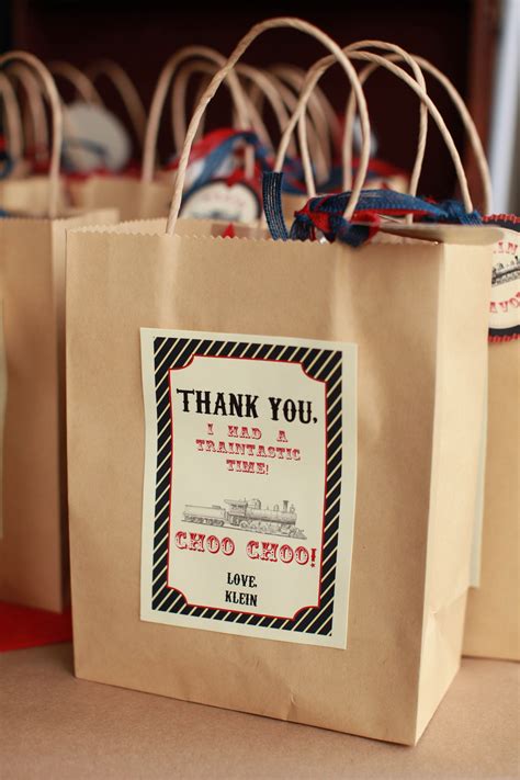 Custom Thank you note on the party favor bag. "Thank you, Choo Choo! I ...