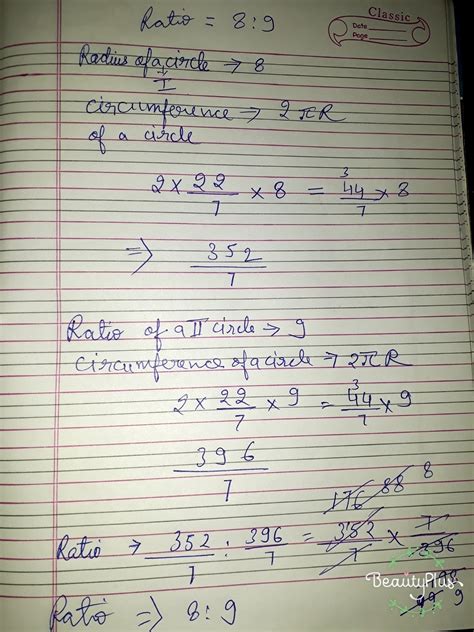 the ratio of radius of two circles is a 8:9 . find the ratio of their ...