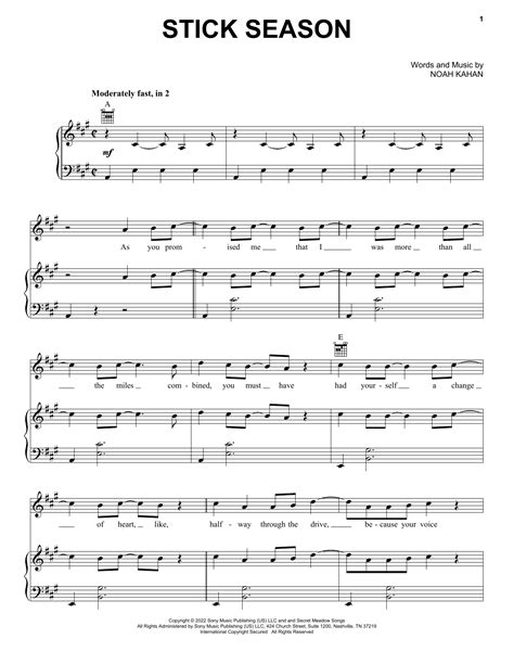 Stick Season by Noah Kahan Sheet Music for Piano, Vocal & Guitar Chords ...