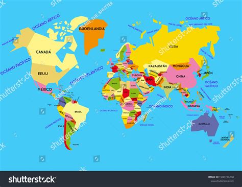 Ilustrasi Stok World Map Study Countries Oceans Spanish 1900736260 ...