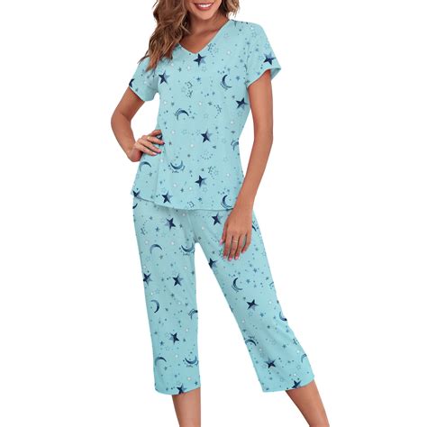 Zando Women's Cotton Pajama Set, Short Sleeve Top and Capri Pants ...