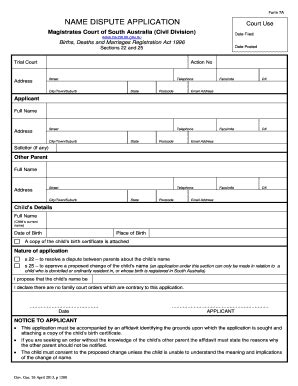 Fillable Online Form 7A NAME DISPUTE APPLICATION Court Use Fax Email ...