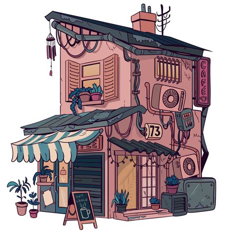 Small Café Sketch: Pink House with Awning
