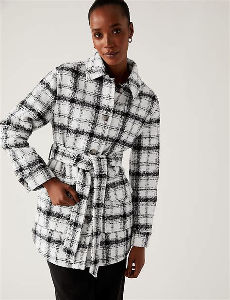 Buy Checked Textured Belted Shacket with Wool at Marks & Spencer
