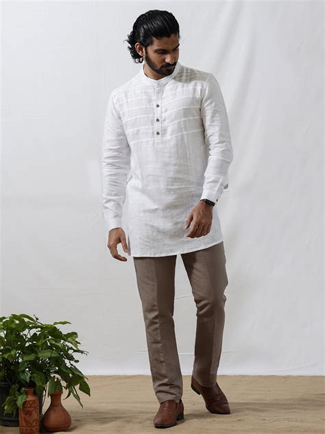 Buy Marvel Pure Linen White Mandarin Collar Kurta For Men – Linen Trail