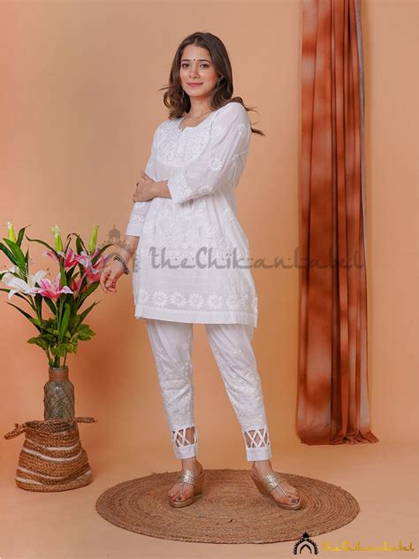 White Ira Cotton Chikankari Net Work Tunic Top