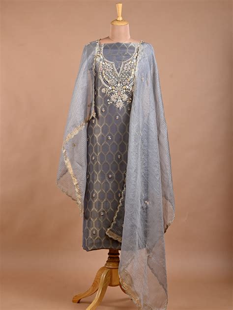 Grey Organza Kurta Set with Zardozi Work - Unstitched – SHARANYA KOLKATA