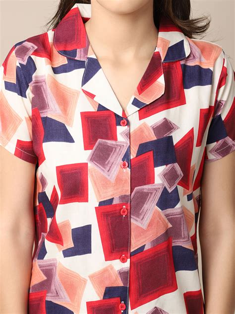 Multi-Color Geometric Printed Viscose Rayon Night Suit for Women | S-X