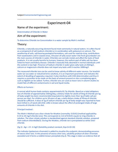 Experiment 4 (Determination of Chloride in water) - Subject ...
