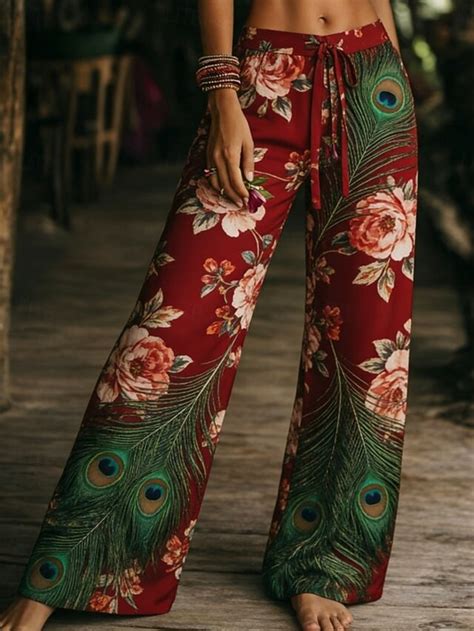 Women's Wide Leg Pants Trousers Vacation Fashion Boho Full Length Mid ...
