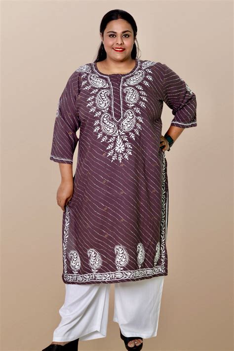 Plus Size Lucknowi Chikankari Hand Embroidered Printed Straight Kurta ...