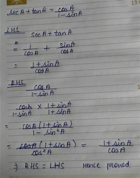secA+tanA=cosA/1-sinA - Brainly.in