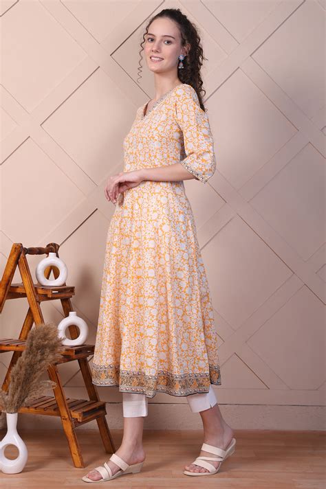 Buy Orange Floral Printed Cotton Lurex Anarkali Kurta Online for Woman ...