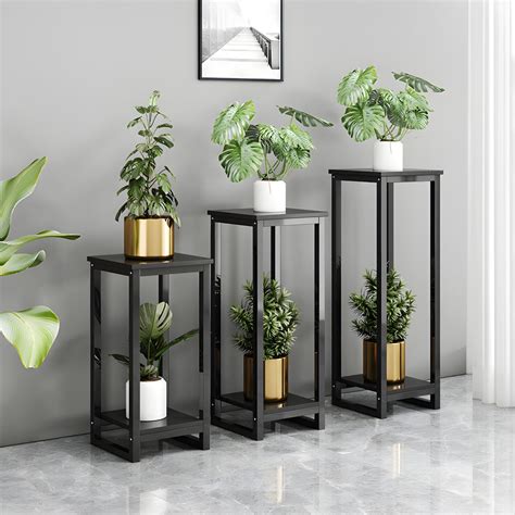 2-Tier Brown Plant Table Square Wood Plant Table with 4 Legs Plant ...