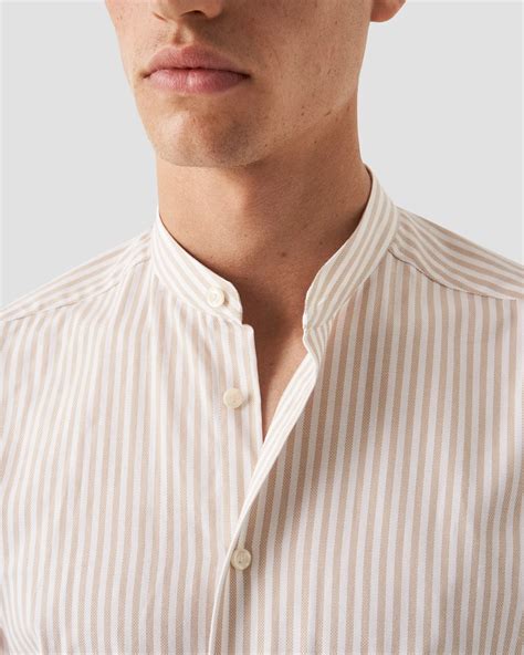 Beige Striped Oxford Band Collar Shirt - Eton