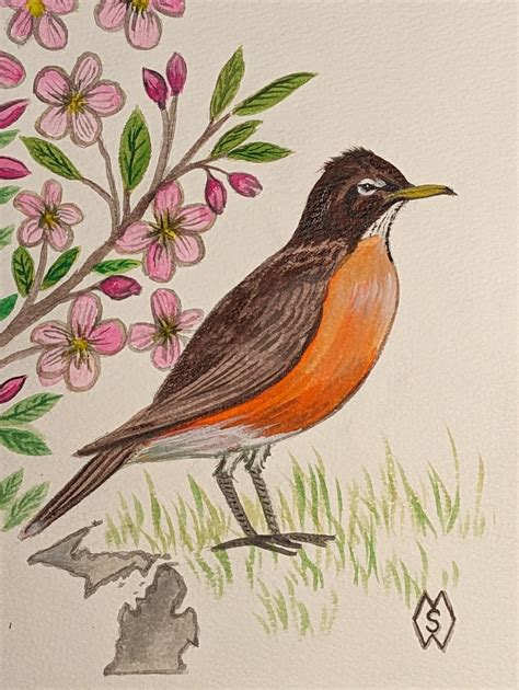 ArtStation - Michigan state bird and flower, the robin and apple blossom