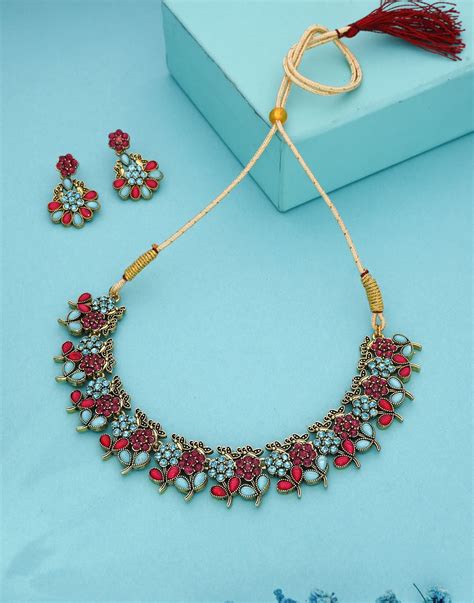 Pink Gold Choker Necklace Set With Dangle Earring – Sudathi
