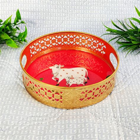 Pichwai Art Metal Tray with Cow Design – Lightweight & Lamp — Diwam ...