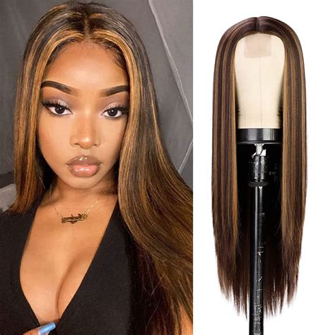 28 Inch Long Straight Highlights Wig for Black Women - Brown Mixed ...