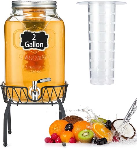 2 Gallon Glass Beverage Dispenser with Stand & Fruit Infuser, Stainless ...