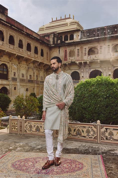 Mint Green Silk Embroidered Kurta Set with Dupatta for Men – Laromani