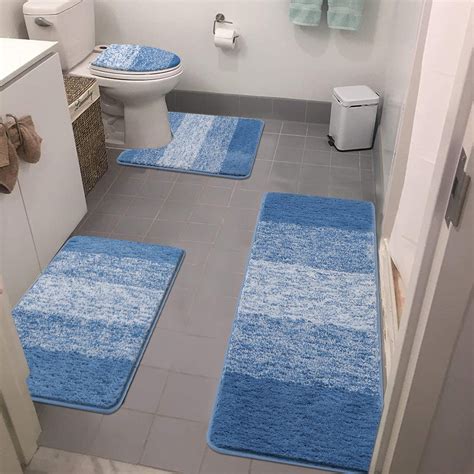 Ileading Traditional 4 Piece Microfiber Washable Bathroom Rug Set, Blue ...