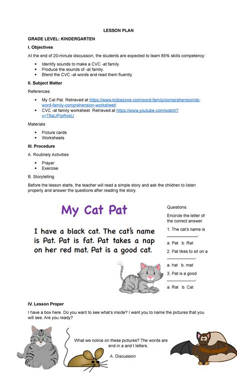 Kindergarten Lesson Plan: CVC -at Family Activities and Objectives ...