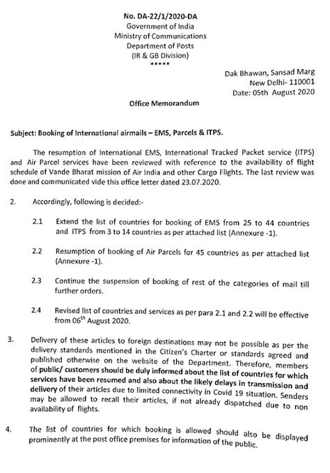Booking of International airmails - EMS, Parcels & ITPS
