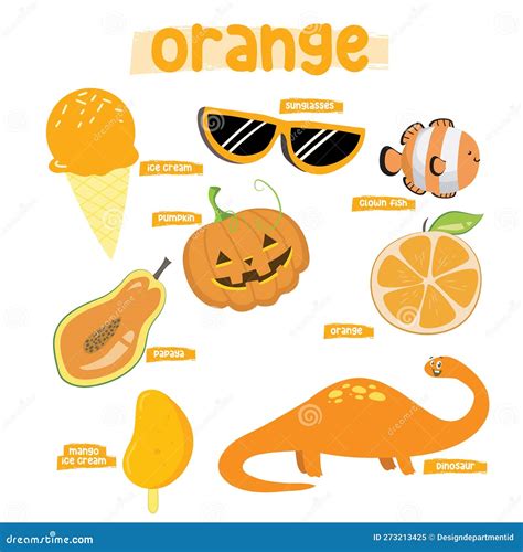 Set of Orange Color Objects. Primary Colours Flashcard with Orange ...
