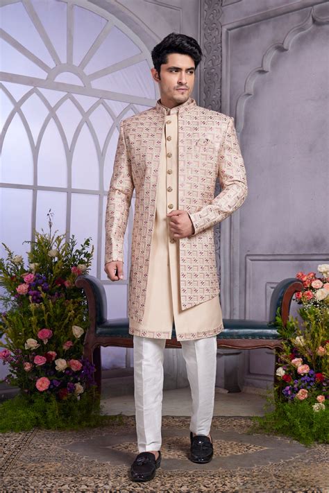 Beige Indo Western for Men with Red Thread Work – Anant Exports