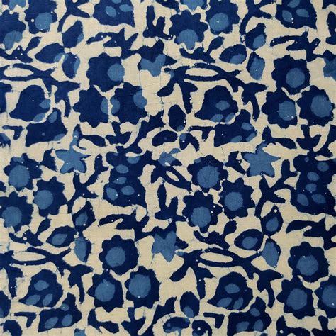Pure Cotton Light Indigo With Dark Indigo Fruit Flower Jaal Hand Block ...