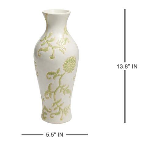 Green & White Floral Ceramic Vase, 13.8"