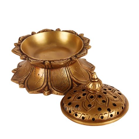 Buy Brass Lotus Dhoop daani/ loban burner 4" antique tone - Budhshiv.com