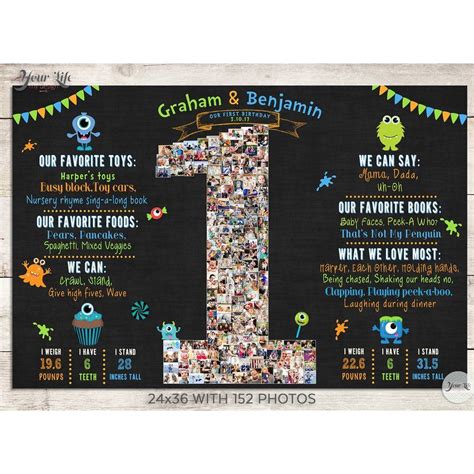 Twins, Monsters 1st Birthday Party Keepsake Remember your twins first ...